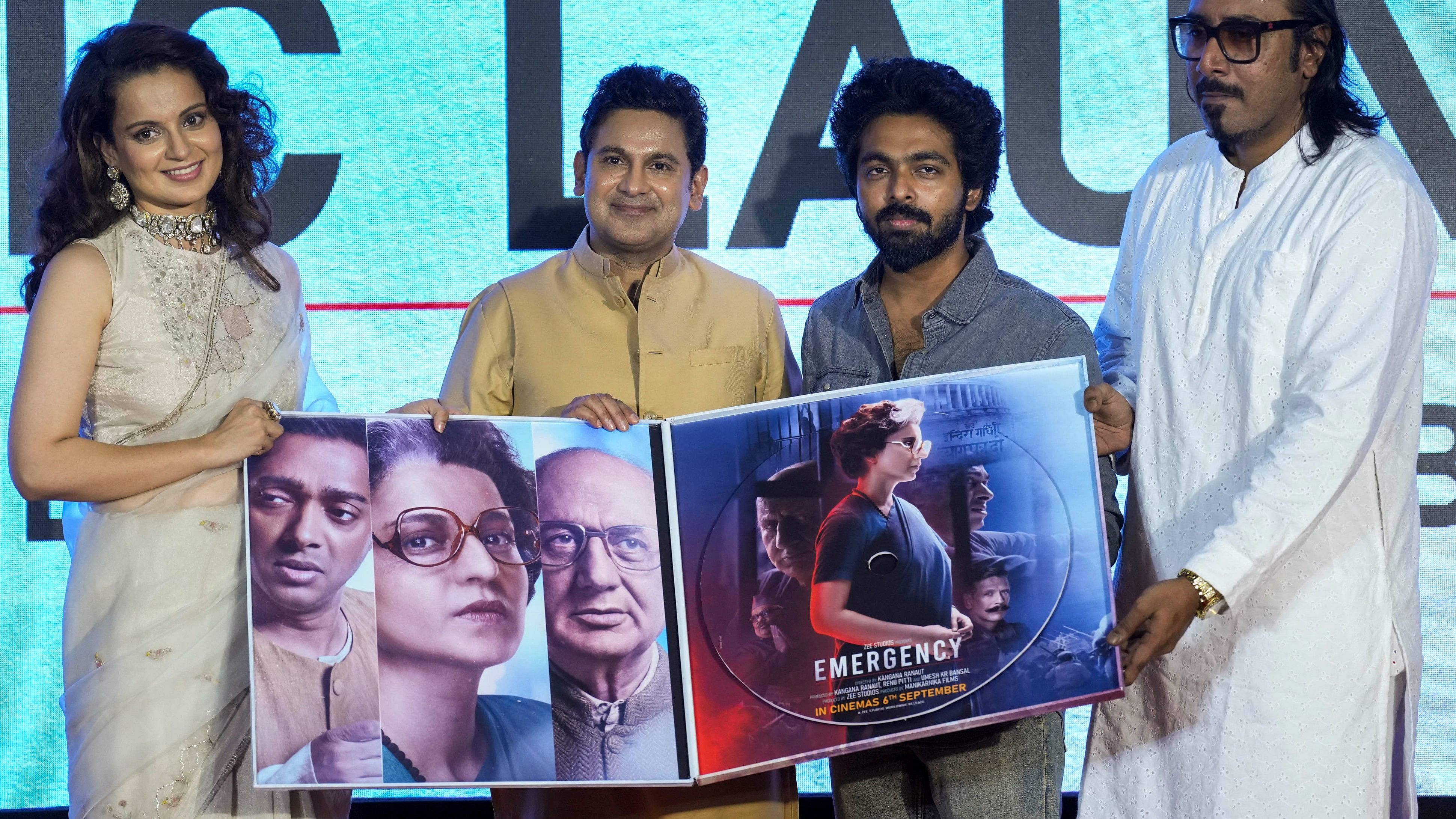 <div class="paragraphs"><p>Actor and BJP MP Kangana Ranaut with lyricist Manoj Muntashir and musicians G V Prakash Kumar and Arko Pravo Mukherjee during music launch of the film 'Emergency', in New Delhi.</p></div>